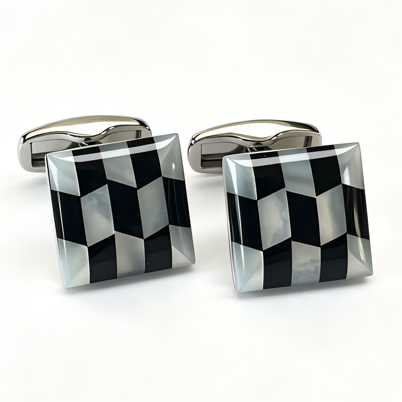 Square Natural Mother‑of‑Pearl & Black Onyx Inlay Cufflinks, Brass Men French Formal Shirt Cufflinks