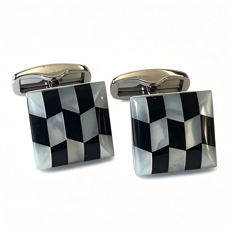 Square Natural Mother‑of‑Pearl & Black Onyx Inlay Cufflinks, Brass Men French Formal Shirt Cufflinks