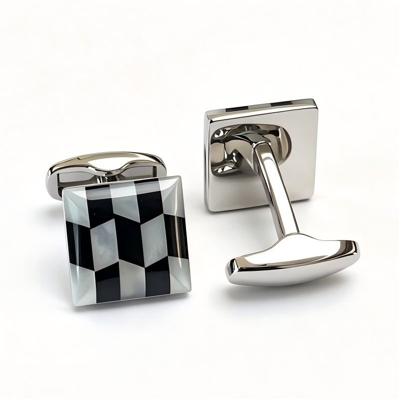 Square Natural Mother‑of‑Pearl & Black Onyx Inlay Cufflinks, Brass Men French Formal Shirt Cufflinks