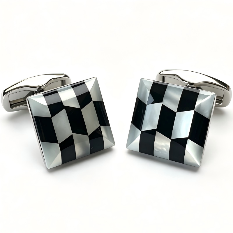 Square Natural Mother‑of‑Pearl & Black Onyx Inlay Cufflinks, Brass Men French Formal Shirt Cufflinks