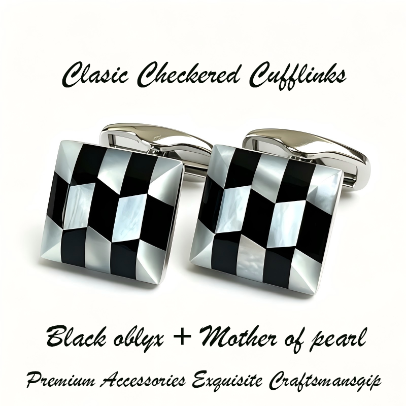 Square Natural Mother‑of‑Pearl & Black Onyx Inlay Cufflinks, Brass Men French Formal Shirt Cufflinks