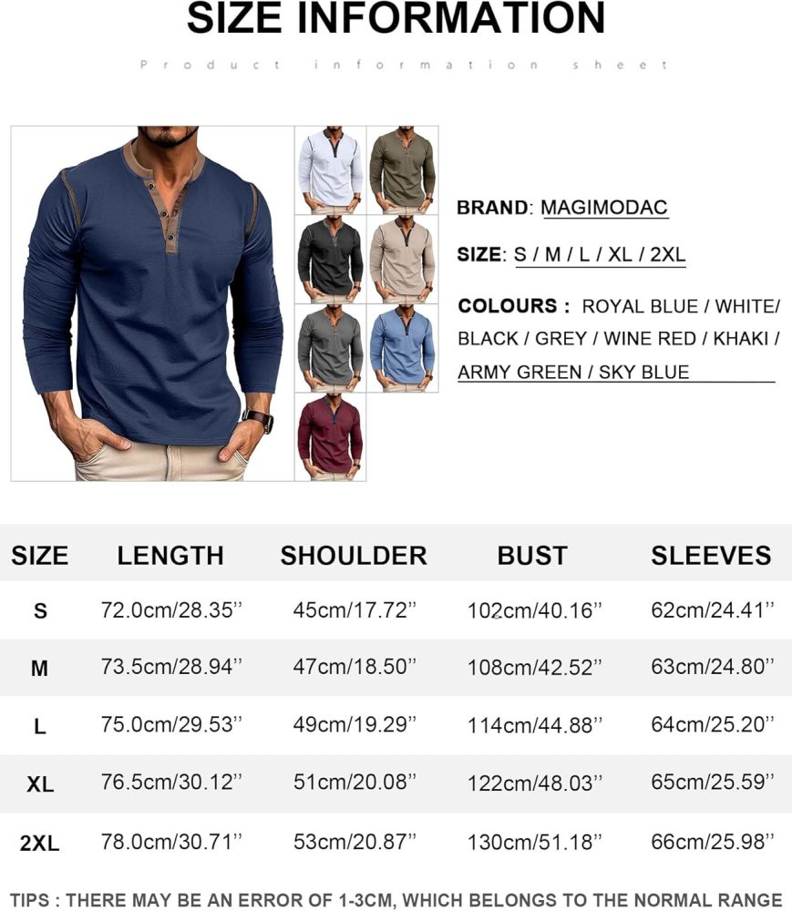 Long Sleeve T-Shirt Men's Shirt Tops Cotton Long Sleeve V Neck Henley Shirt Tee Top T-Shirts with Button Placket