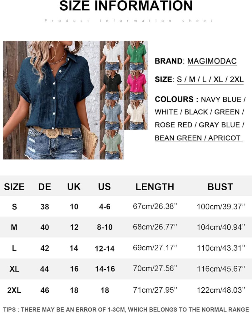 Women's Shirt Blouse Short Sleeve Cotton Shirt Blouse Summer Leisure T-Shirt Casual Tops with Buttons