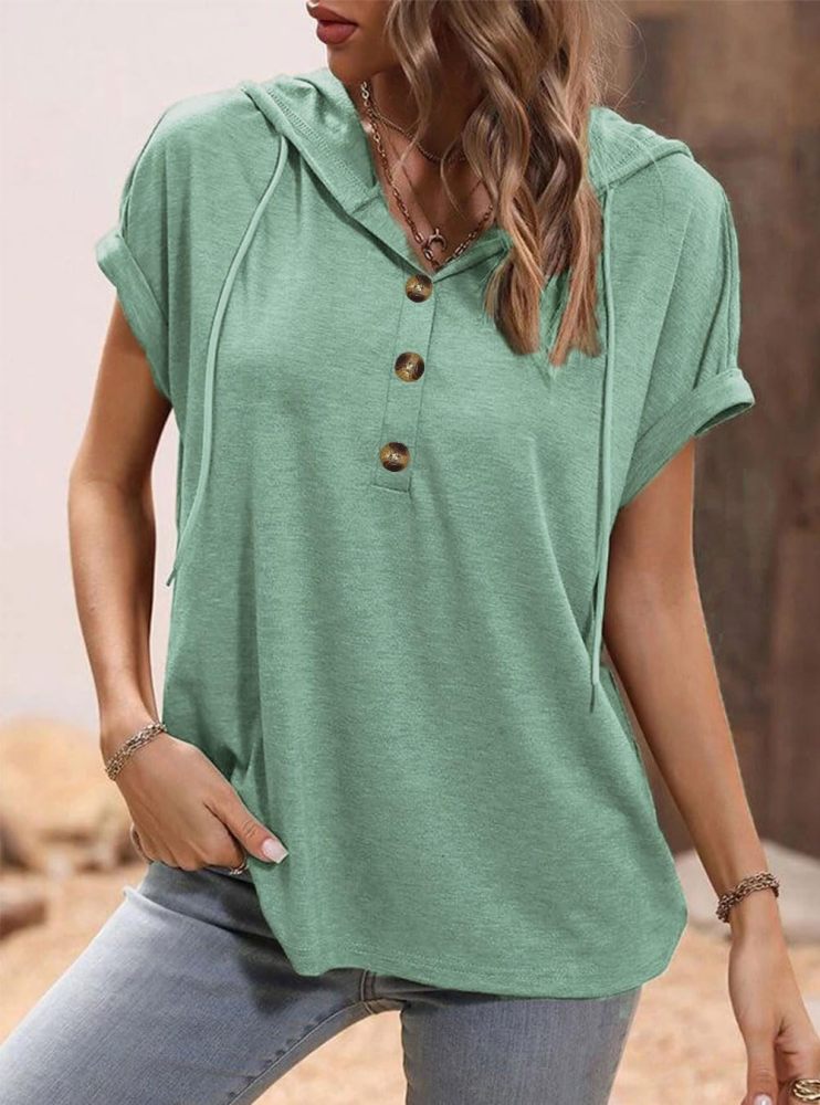 Summer Short Sleeve Hoodie Women's Lightweight Cotton Hooded Shirt T-Shirt Tops with Hood
