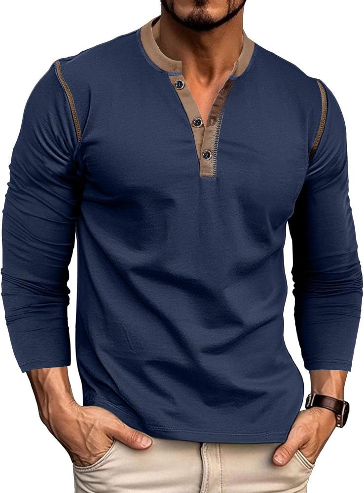Long Sleeve T-Shirt Men's Shirt Tops Cotton Long Sleeve V Neck Henley Shirt Tee Top T-Shirts with Button Placket