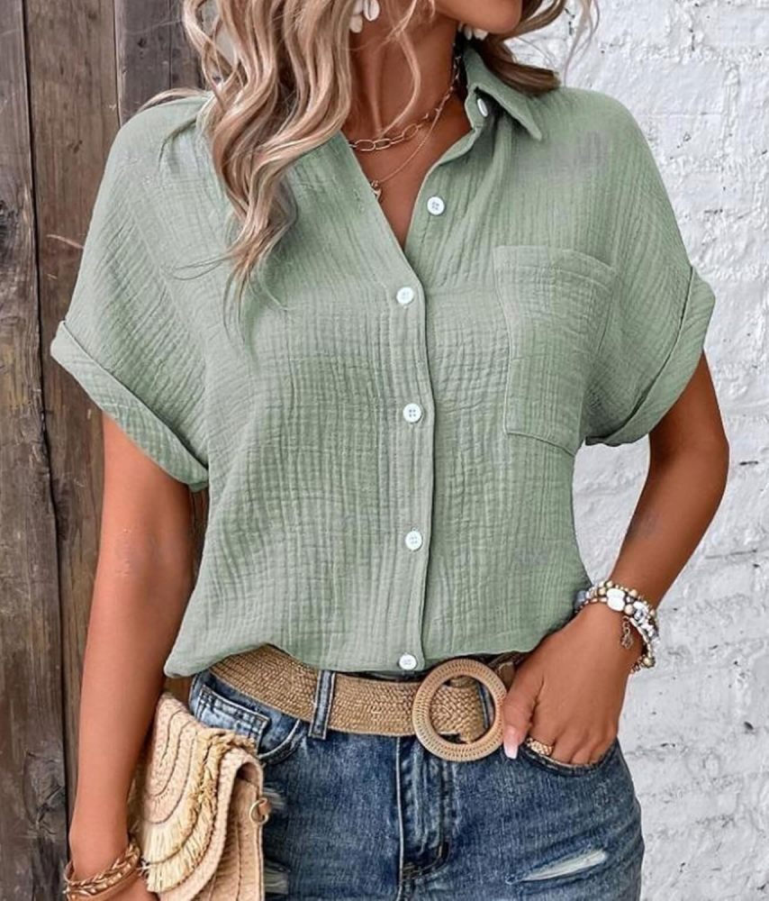 Women's Shirt Blouse Short Sleeve Cotton Shirt Blouse Summer Leisure T-Shirt Casual Tops with Buttons