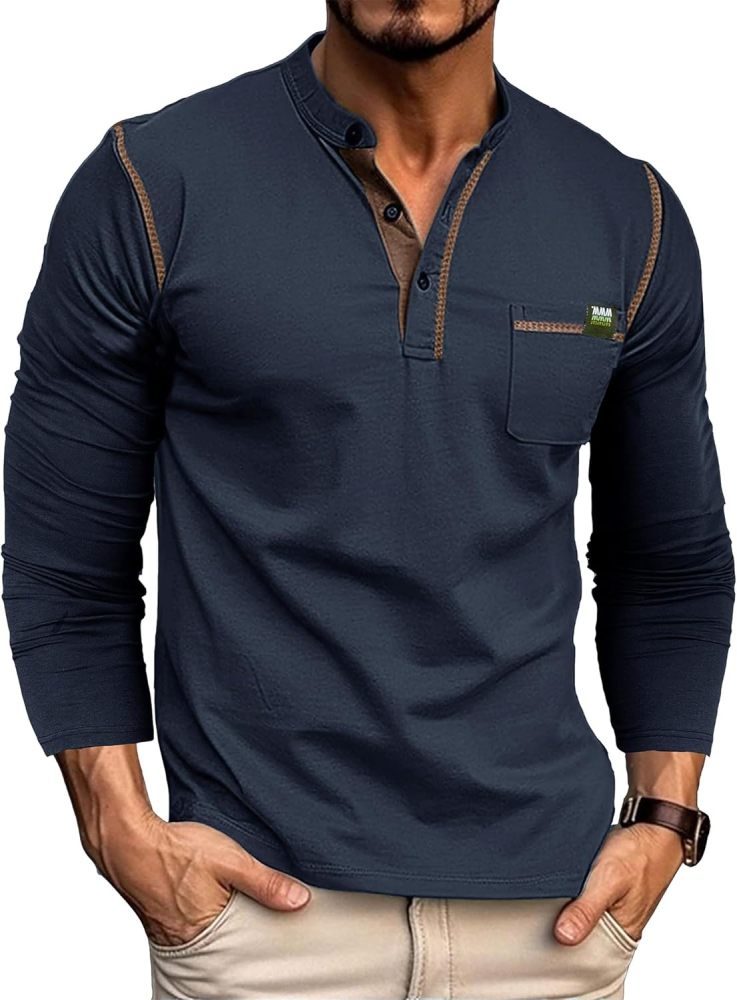 Men's T-Shirt Long Sleeve Shirt Cotton Long Sleeve V Neck Henley Shirt Tee Top T-Shirts with Button Placket
