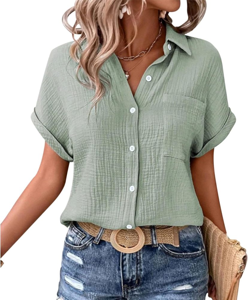Women's Shirt Blouse Short Sleeve Cotton Shirt Blouse Summer Leisure T-Shirt Casual Tops with Buttons