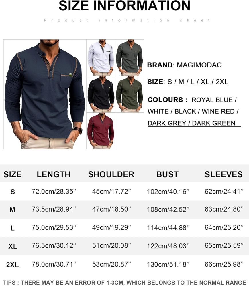 Men's T-Shirt Long Sleeve Shirt Cotton Long Sleeve V Neck Henley Shirt Tee Top T-Shirts with Button Placket