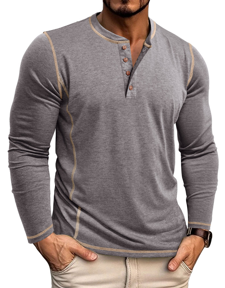 Men's Henley Shirt Long Sleeve T-Shirt Tops Cotton V Neck Tee Top T-Shirts with Button