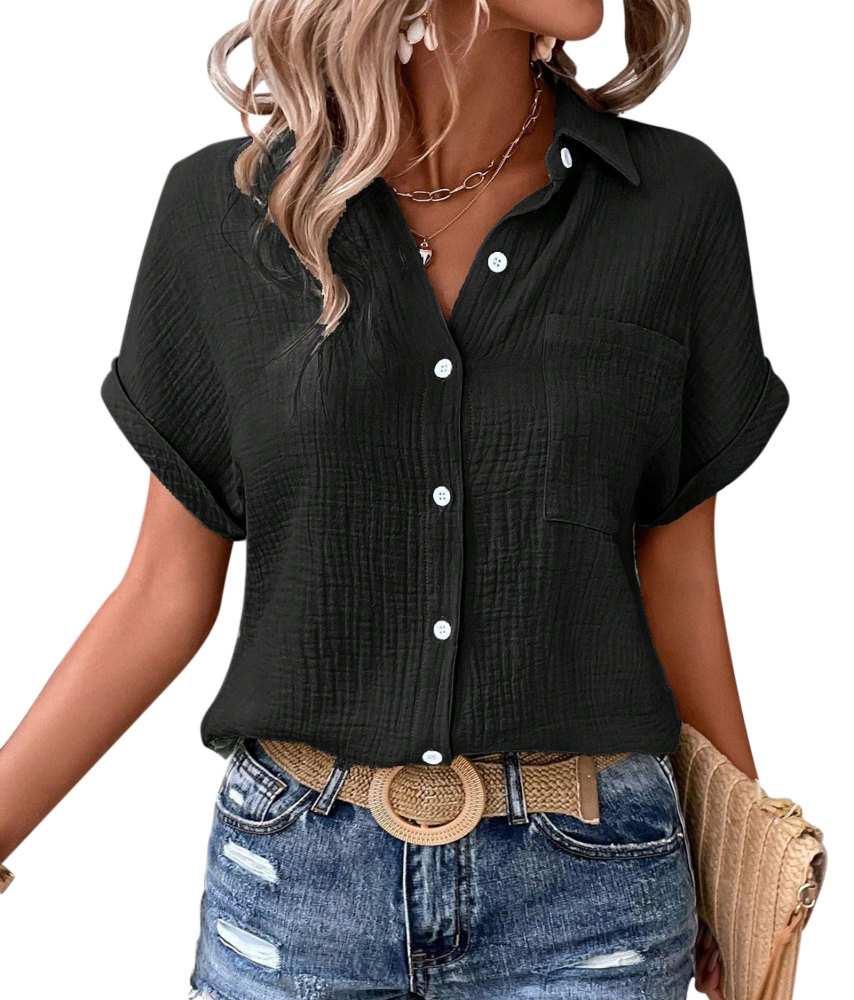 Women's Shirt Blouse Short Sleeve Cotton Shirt Blouse Summer Leisure T-Shirt Casual Tops with Buttons