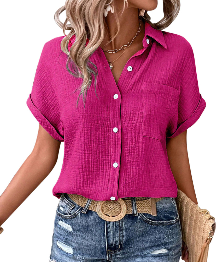 Women's Shirt Blouse Short Sleeve Cotton Shirt Blouse Summer Leisure T-Shirt Casual Tops with Buttons