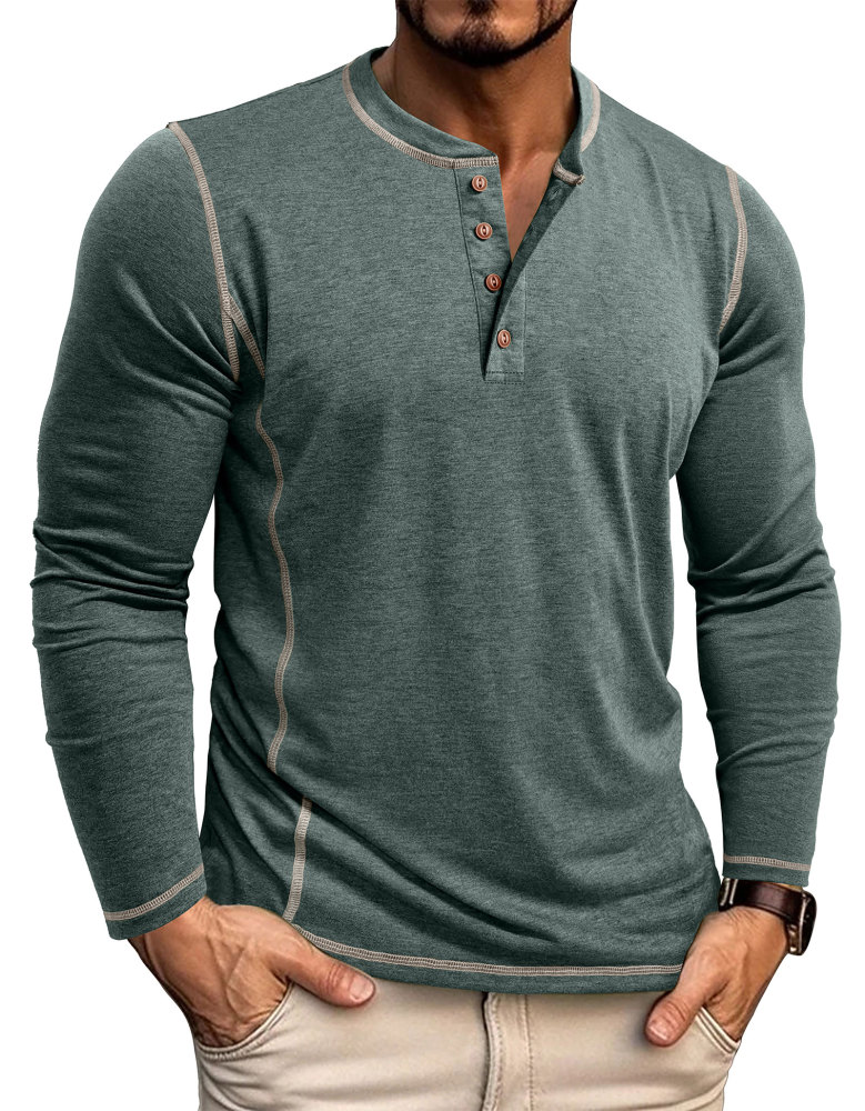 Men's Henley Shirt Long Sleeve T-Shirt Tops Cotton V Neck Tee Top T-Shirts with Button