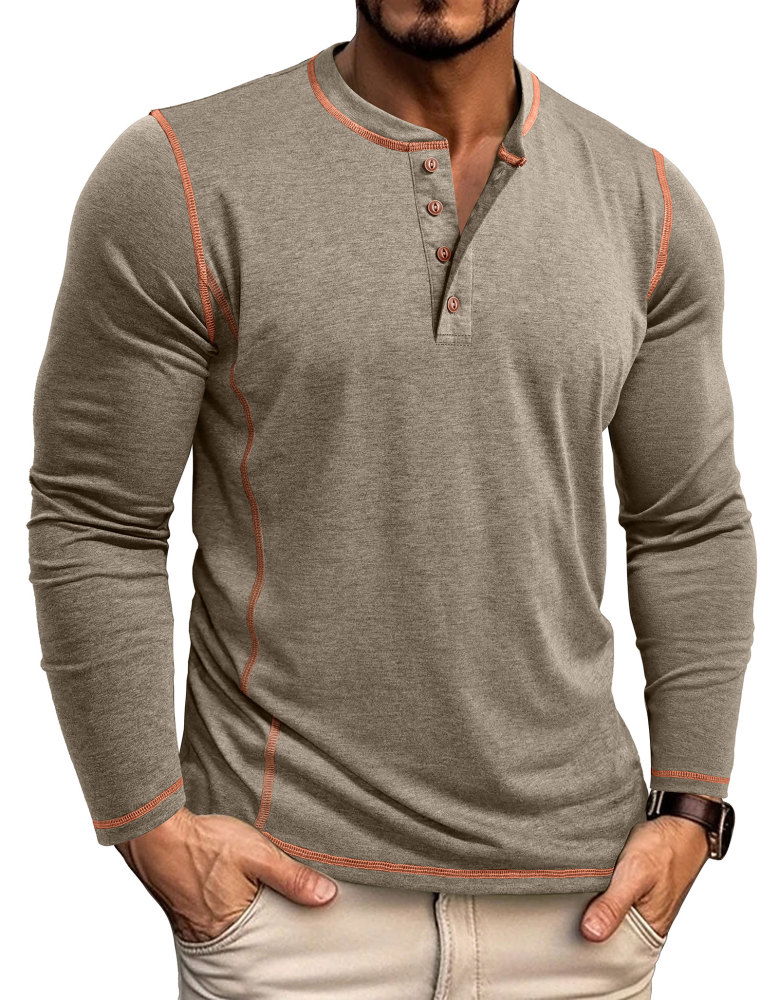 Men's Henley Shirt Long Sleeve T-Shirt Tops Cotton V Neck Tee Top T-Shirts with Button