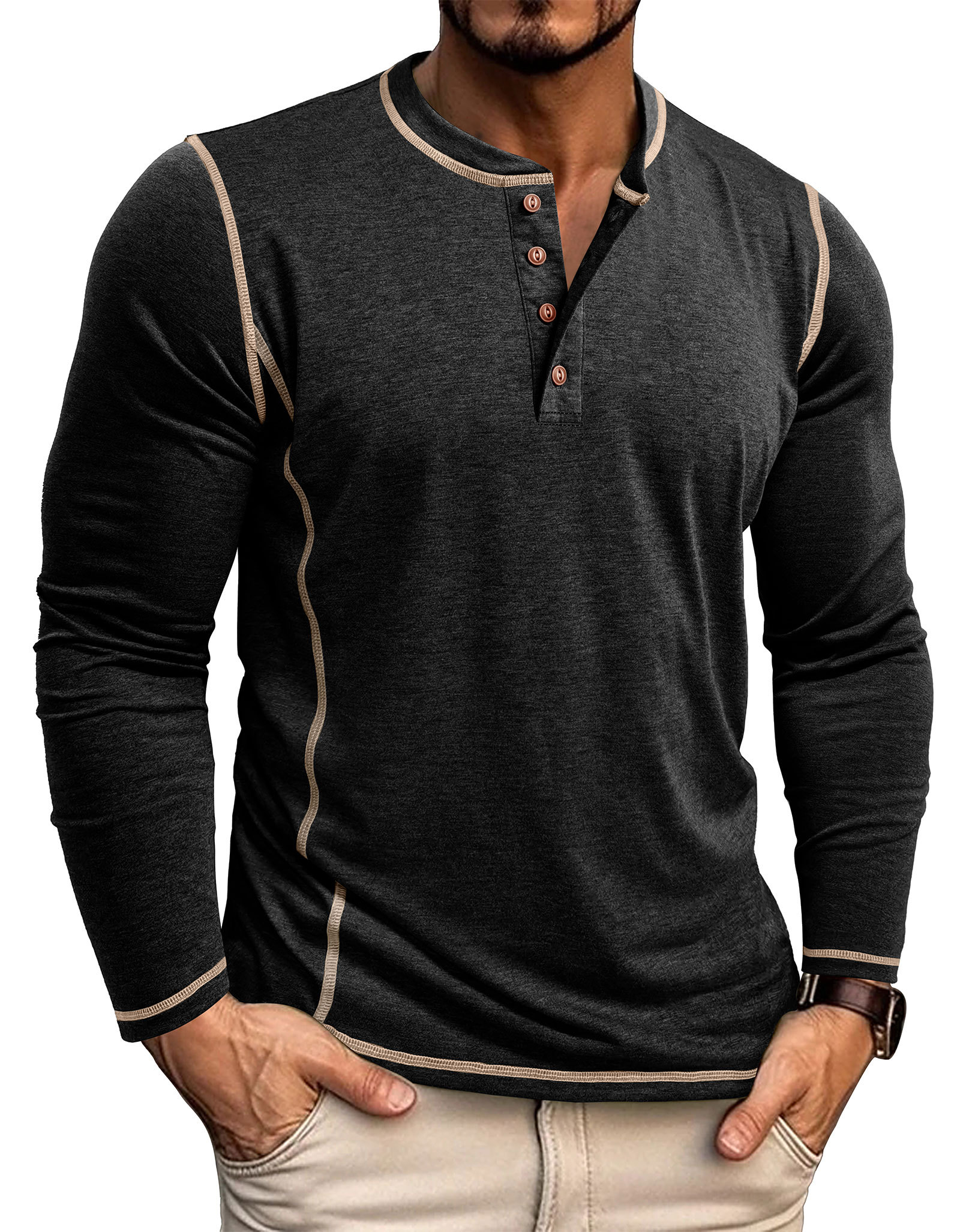 Men's Henley Shirt Long Sleeve T-Shirt Tops Cotton V Neck Tee Top T-Shirts with Button