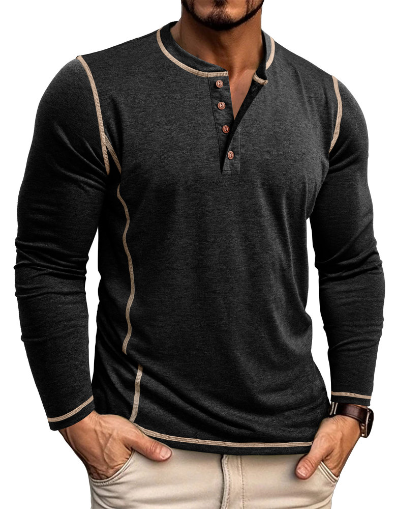 Men's Henley Shirt Long Sleeve T-Shirt Tops Cotton V Neck Tee Top T-Shirts with Button