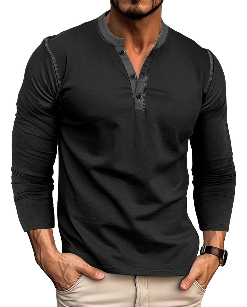 Long Sleeve T-Shirt Men's Shirt Tops Cotton V Neck Henley Shirt Tee Top T-Shirts with Button