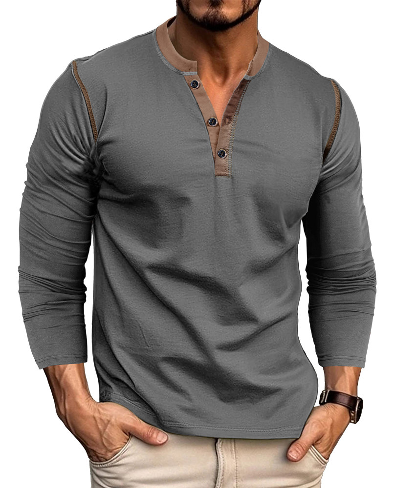 Long Sleeve T-Shirt Men's Shirt Tops Cotton V Neck Henley Shirt Tee Top T-Shirts with Button