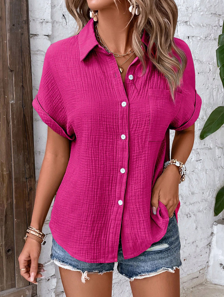 Women's Shirt Blouse Short Sleeve Cotton Shirt Blouse Summer Leisure T-Shirt Casual Tops with Buttons