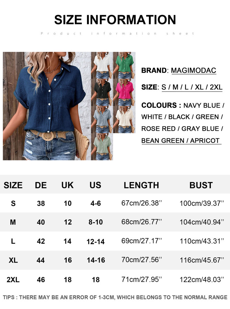 Women's Shirt Blouse Short Sleeve Cotton Shirt Blouse Summer Leisure T-Shirt Casual Tops with Buttons