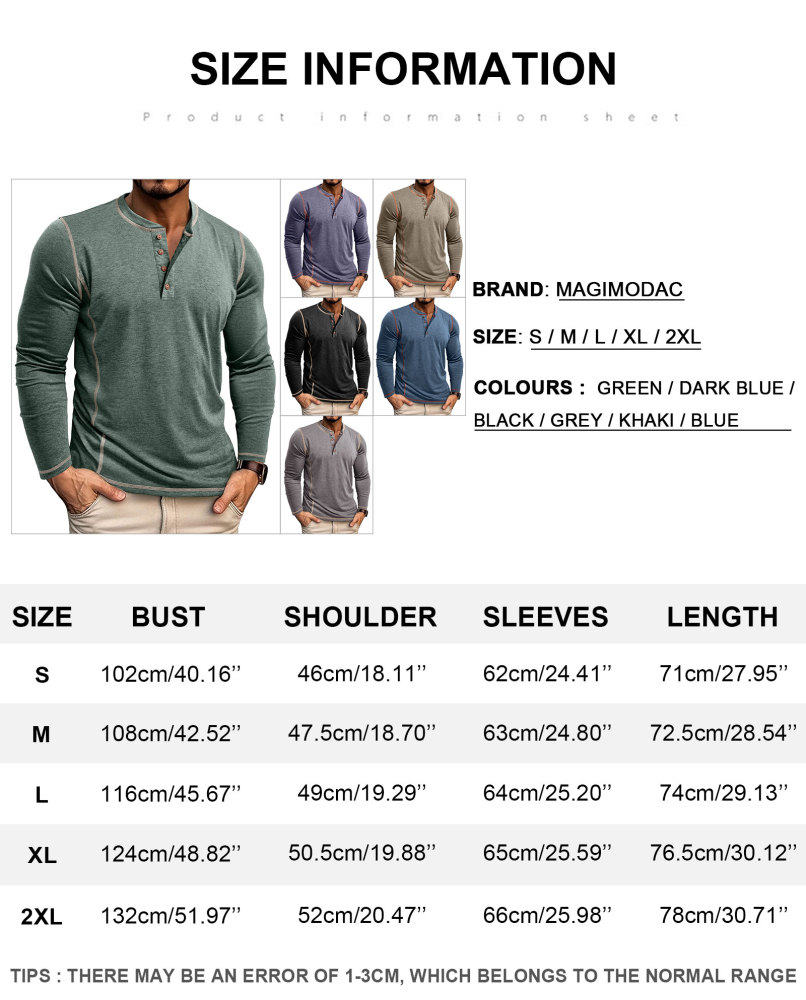 Men's Henley Shirt Long Sleeve T-Shirt Tops Cotton V Neck Tee Top T-Shirts with Button