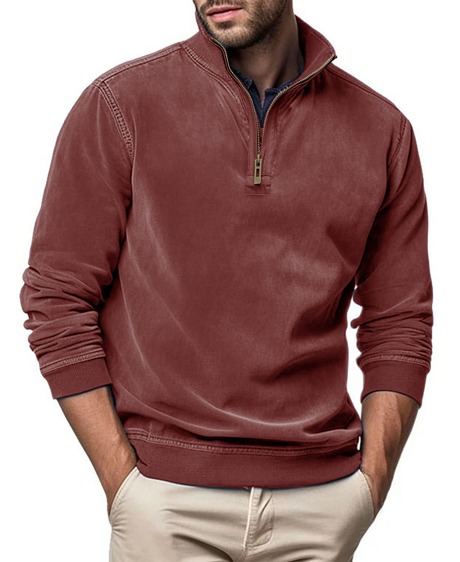 Men's Polo Pullover Quarter Zip Leather Look Sweatshirt Autumn Winter Zip Men's Long Sleeve Shirts with Collar