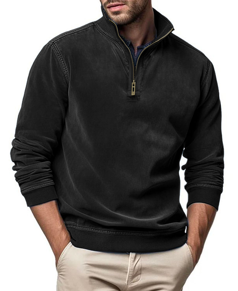 Men's Polo Pullover Quarter Zip Leather Look Sweatshirt Autumn Winter Zip Men's Long Sleeve Shirts with Collar