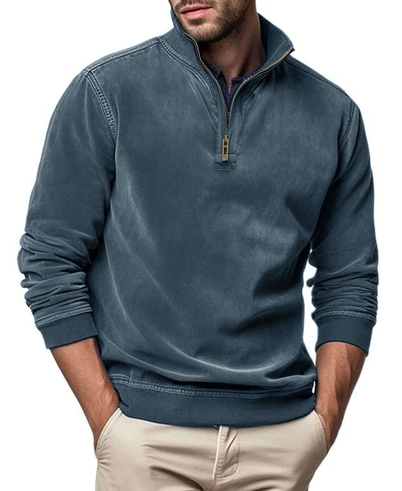 Men's Polo Pullover Quarter Zip Leather Look Sweatshirt Autumn Winter Zip Men's Long Sleeve Shirts with Collar