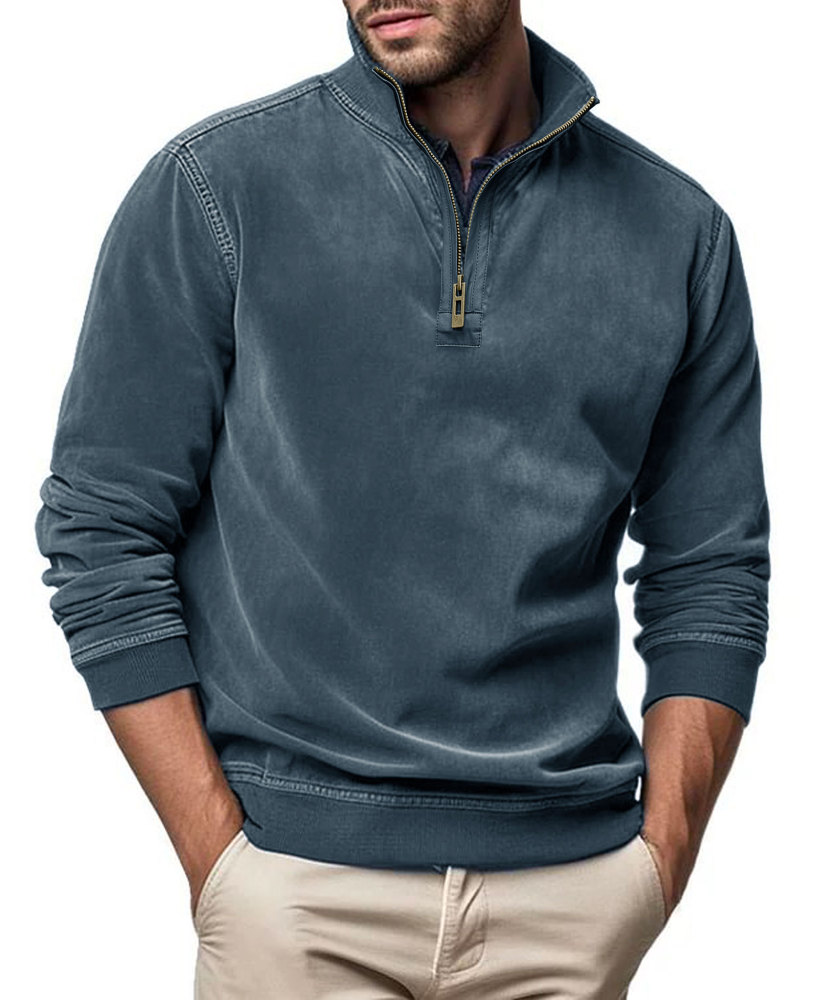 Men's Polo Pullover Quarter Zip Leather Look Sweatshirt Autumn Winter Zip Men's Long Sleeve Shirts with Collar