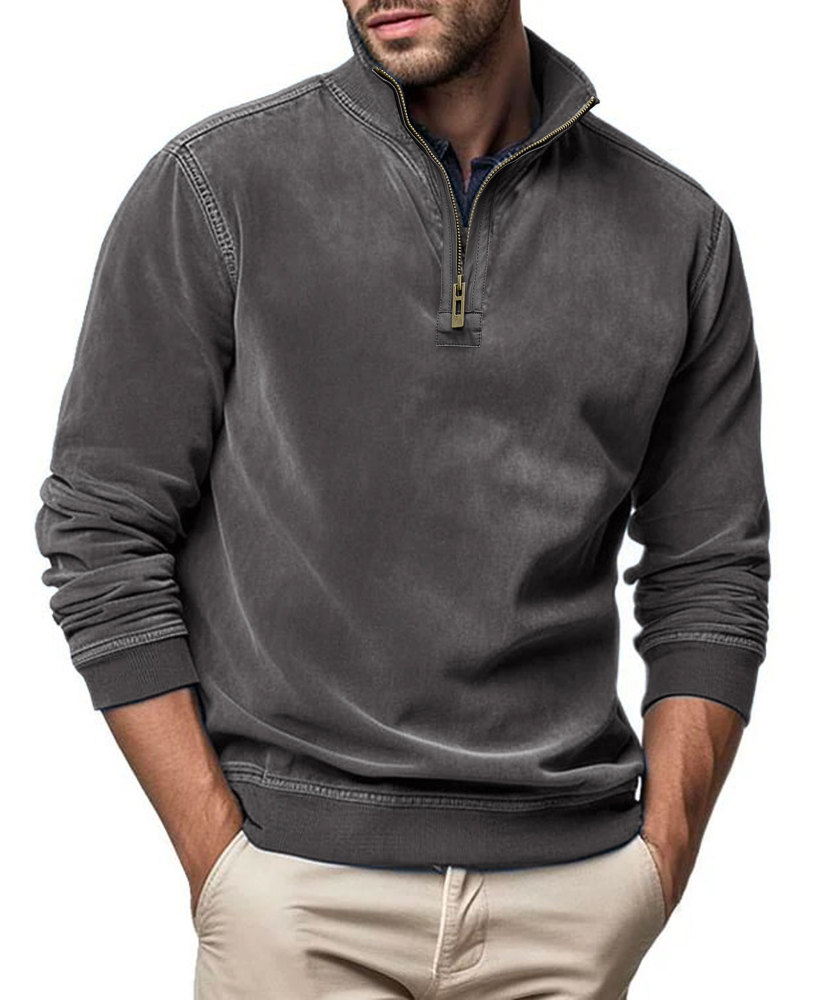 Men's Polo Pullover Quarter Zip Leather Look Sweatshirt Autumn Winter Zip Men's Long Sleeve Shirts with Collar