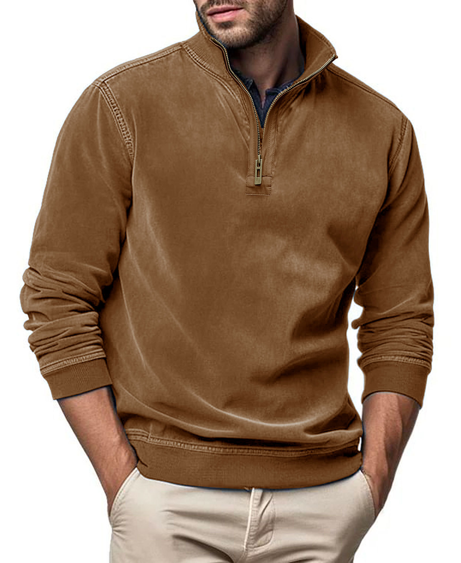 Men's Polo Pullover Quarter Zip Leather Look Sweatshirt Autumn Winter Zip Men's Long Sleeve Shirts with Collar