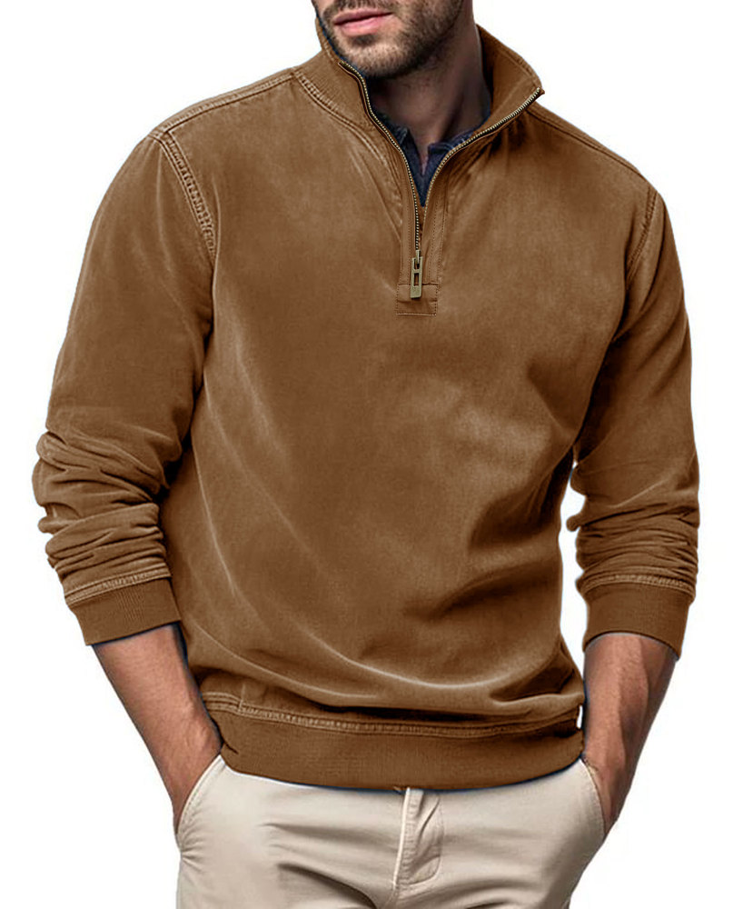 Men's Polo Pullover Quarter Zip Leather Look Sweatshirt Autumn Winter Zip Men's Long Sleeve Shirts with Collar