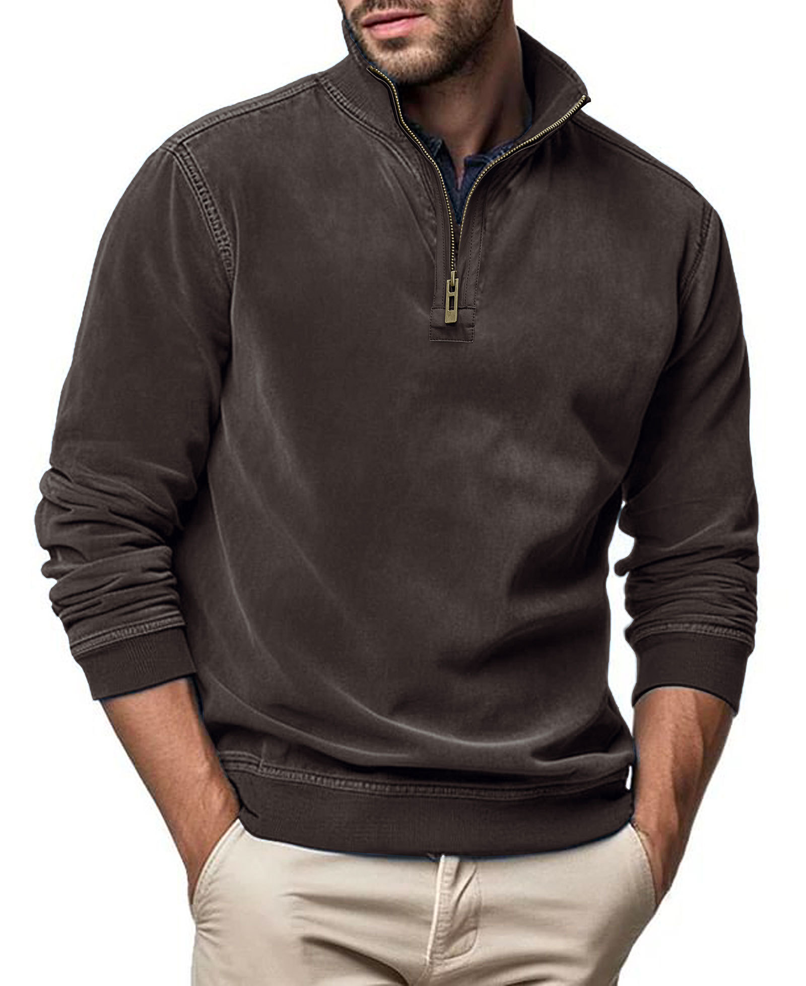 Men's Polo Pullover Quarter Zip Leather Look Sweatshirt Autumn Winter Zip Men's Long Sleeve Shirts with Collar
