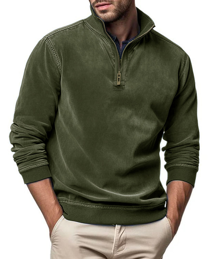 Men's Polo Pullover Quarter Zip Leather Look Sweatshirt Autumn Winter Zip Men's Long Sleeve Shirts with Collar