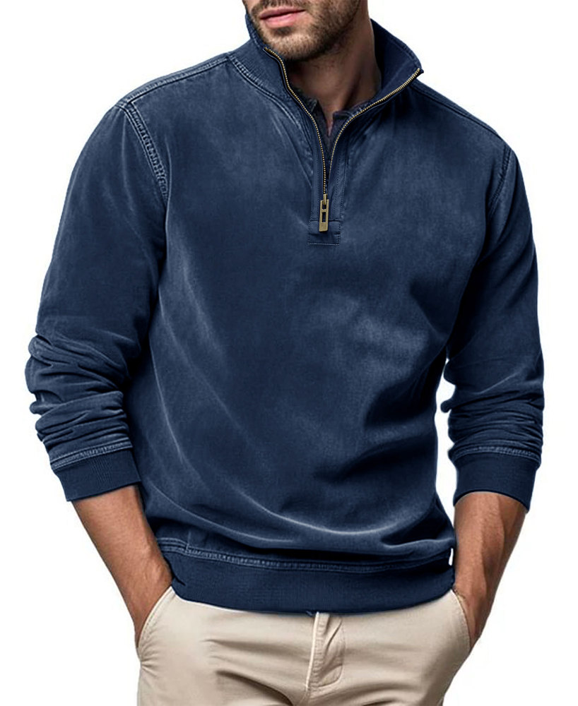 Men's Polo Pullover Quarter Zip Leather Look Sweatshirt Autumn Winter Zip Men's Long Sleeve Shirts with Collar