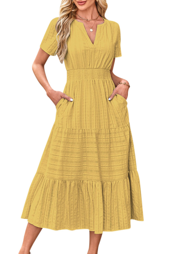 Women's Summer Dress A Line Long Short Sleeve V Neck Midi Dress Holiday Casual Dress Cotton Boho Dresses with Pockets