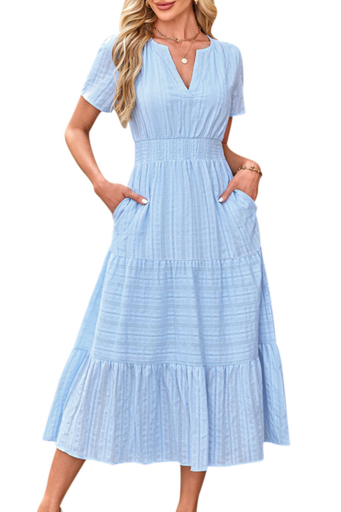 MAGIMODAC Women's Summer Dress A Line Long Short Sleeve V Neck Midi Dress Holiday Casual Dress Cotton Boho Dresses with Pockets