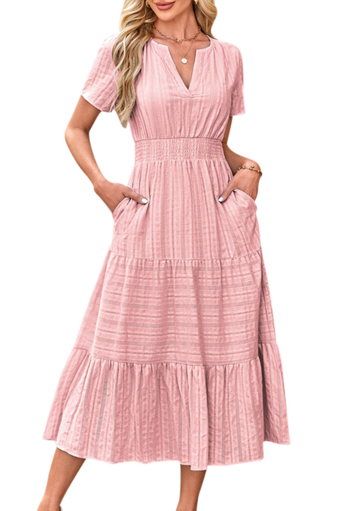 Women's Summer Dress A Line Long Short Sleeve V Neck Midi Dress Holiday Casual Dress Cotton Boho Dresses with Pockets