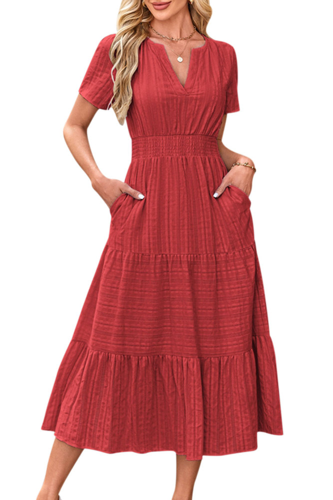 Women's Summer Dress A Line Long Short Sleeve V Neck Midi Dress Holiday Casual Dress Cotton Boho Dresses with Pockets