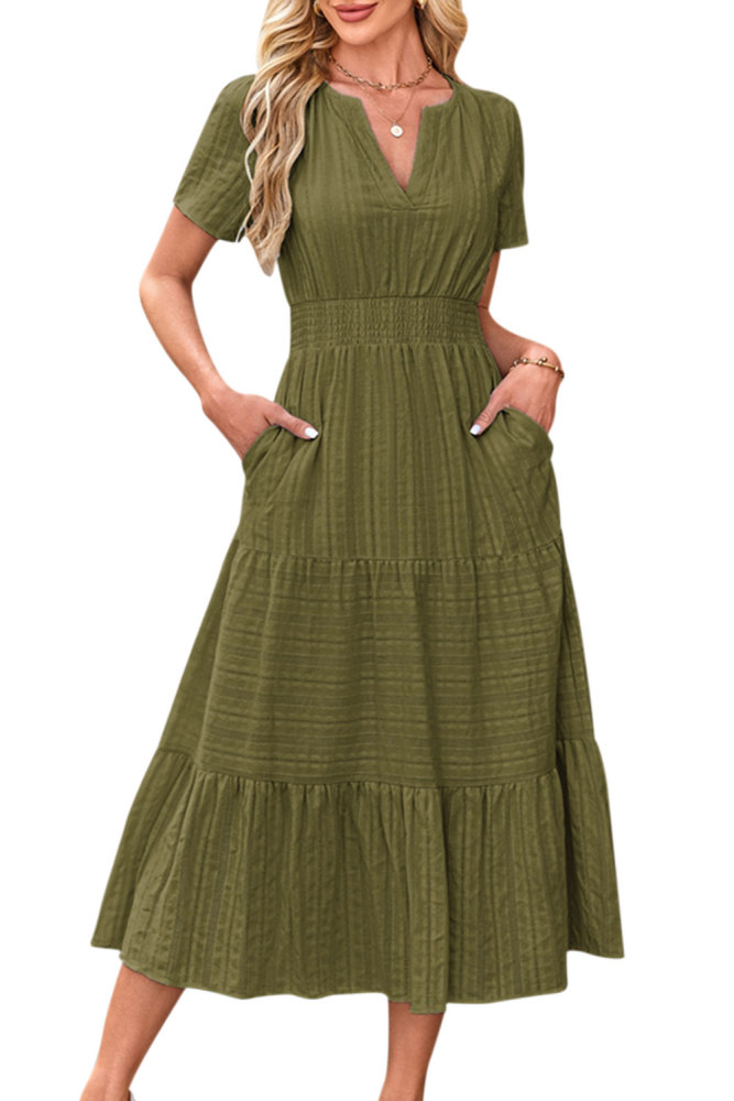 Women's Summer Dress A Line Long Short Sleeve V Neck Midi Dress Holiday Casual Dress Cotton Boho Dresses with Pockets