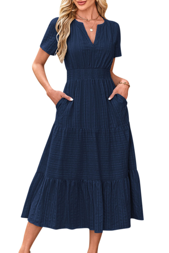 Women's Summer Dress A Line Long Short Sleeve V Neck Midi Dress Holiday Casual Dress Cotton Boho Dresses with Pockets