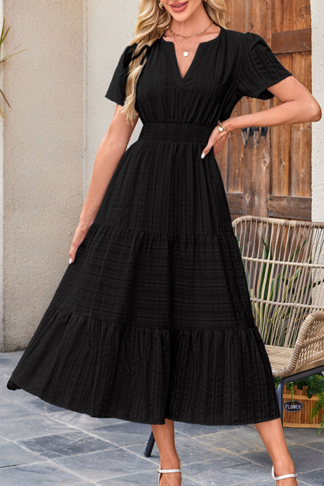 Women's Summer Dress A Line Long Short Sleeve V Neck Midi Dress Holiday Casual Dress Cotton Boho Dresses with Pockets