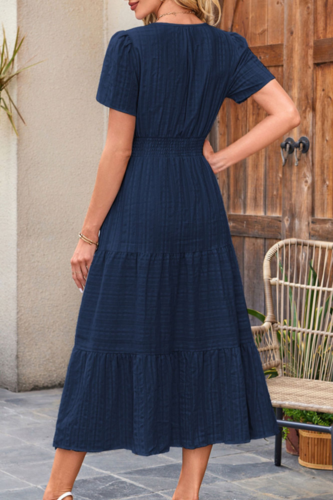 Women's Summer Dress A Line Long Short Sleeve V Neck Midi Dress Holiday Casual Dress Cotton Boho Dresses with Pockets