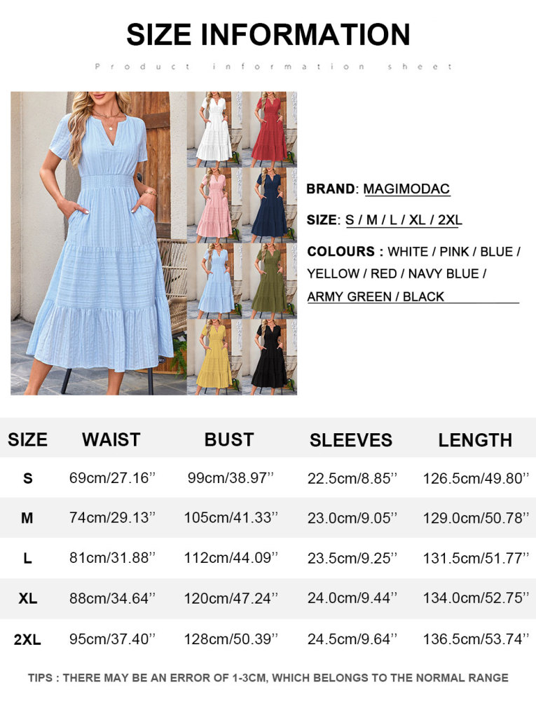 Women's Summer Dress A Line Long Short Sleeve V Neck Midi Dress Holiday Casual Dress Cotton Boho Dresses with Pockets