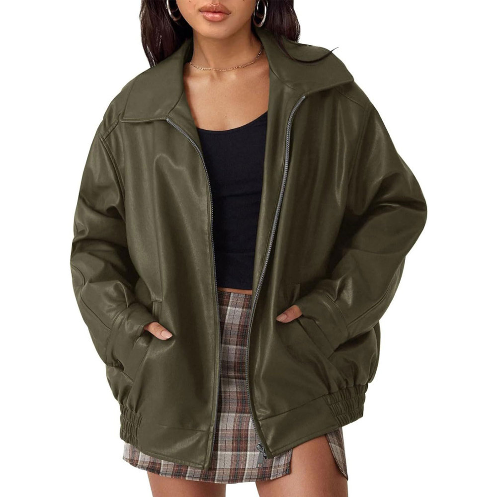 MAGIMODAC Ladies Faux-Leather Bomber Jackets Transitional Jacket Coat Fall Winter Faux-Leatherjacket Loose Fit Solid Color Cropped Coats Zipper with Pockets