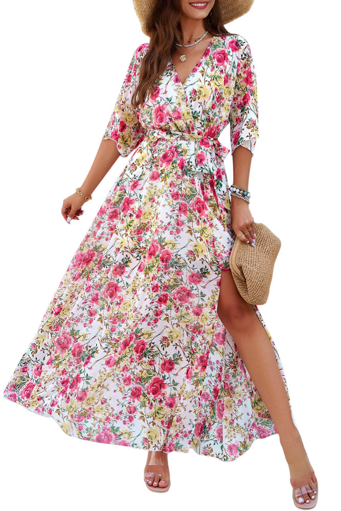 MAGIMODAC Women Summer Floral Long Dresses Casual A Line Wrap Sundress Elegant V Neck Chiffon Flowy Swing Cocktail Dress High Waist Maxi Dress