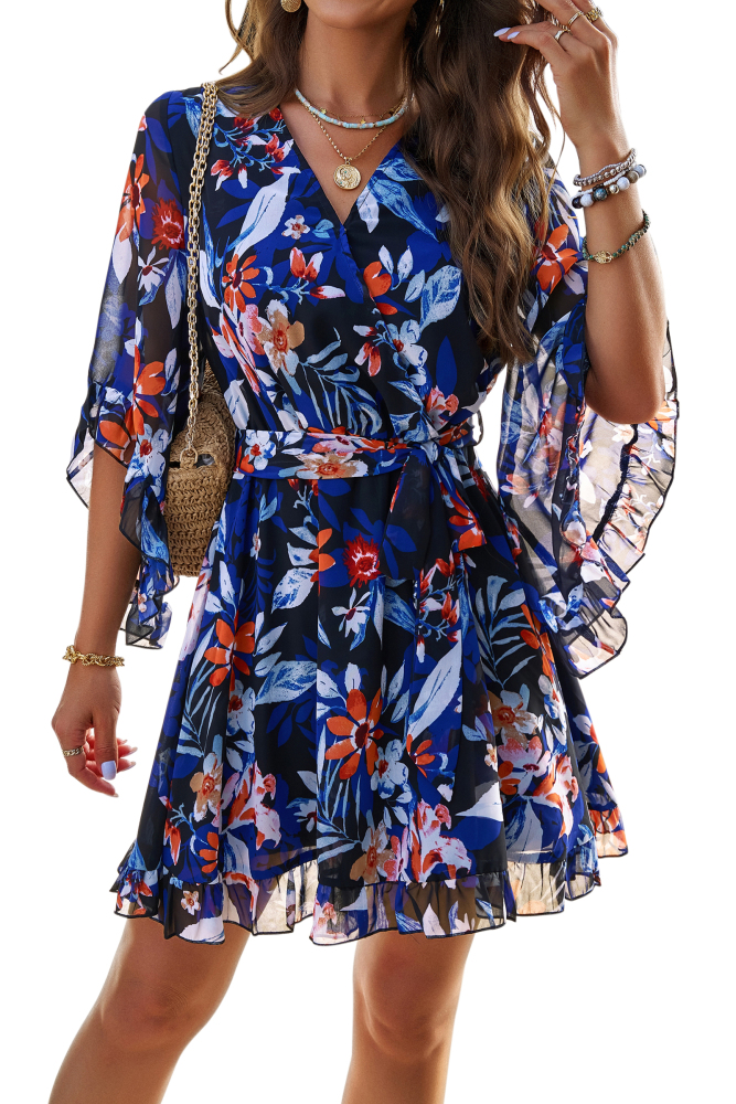 MAGIMODAC Women Summer Floral Mini Dresses Casual A Line Short Wrap Sundress Elegant V Neck Chiffon Flowy Swing Cocktail Dress High Waist Fit