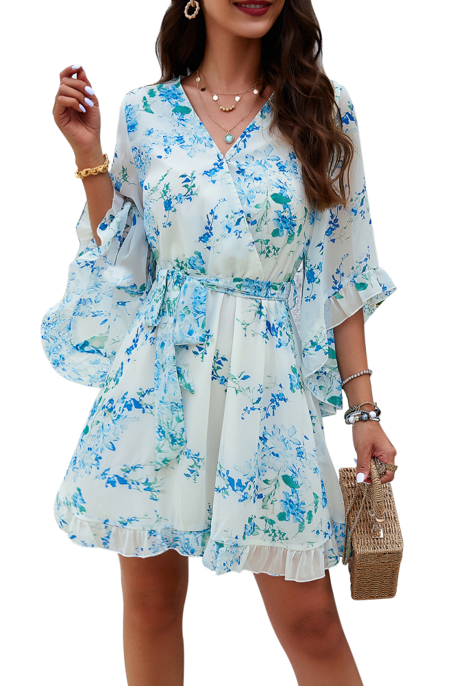 MAGIMODAC Women Summer Floral Mini Dresses Casual A Line Short Wrap Sundress Elegant V Neck Chiffon Flowy Swing Cocktail Dress High Waist Fit
