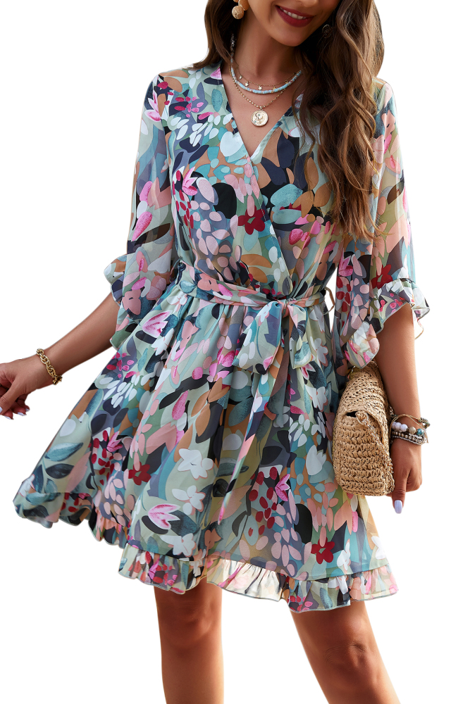MAGIMODAC Women Summer Floral Mini Dresses Casual A Line Short Wrap Sundress Elegant V Neck Chiffon Flowy Swing Cocktail Dress High Waist Fit
