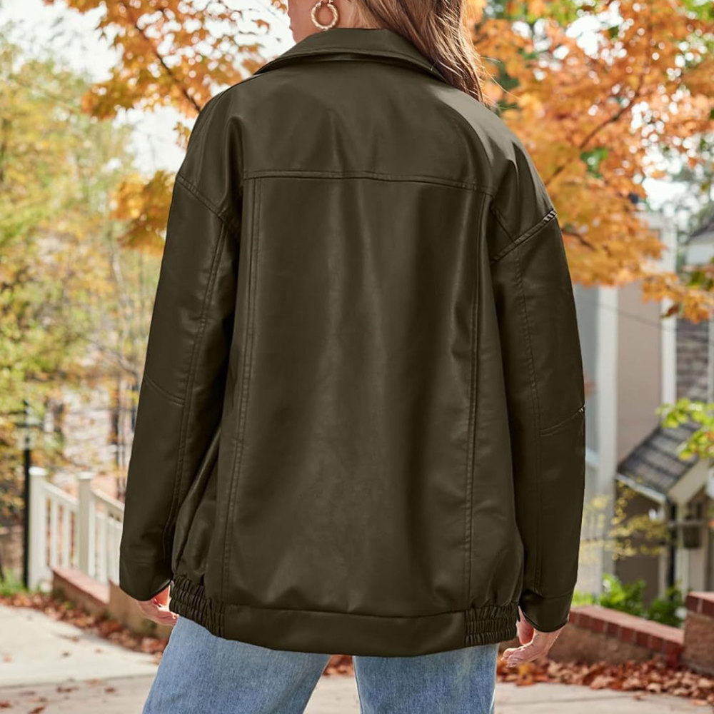 MAGIMODAC Ladies Faux-Leather Bomber Jackets Transitional Jacket Coat Fall Winter Faux-Leatherjacket Loose Fit Solid Color Cropped Coats Zipper with Pockets